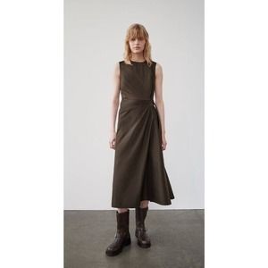 Zara Large Women Faux Wrap MIDI Dress A-line Sleeveless Pleated Formal R09